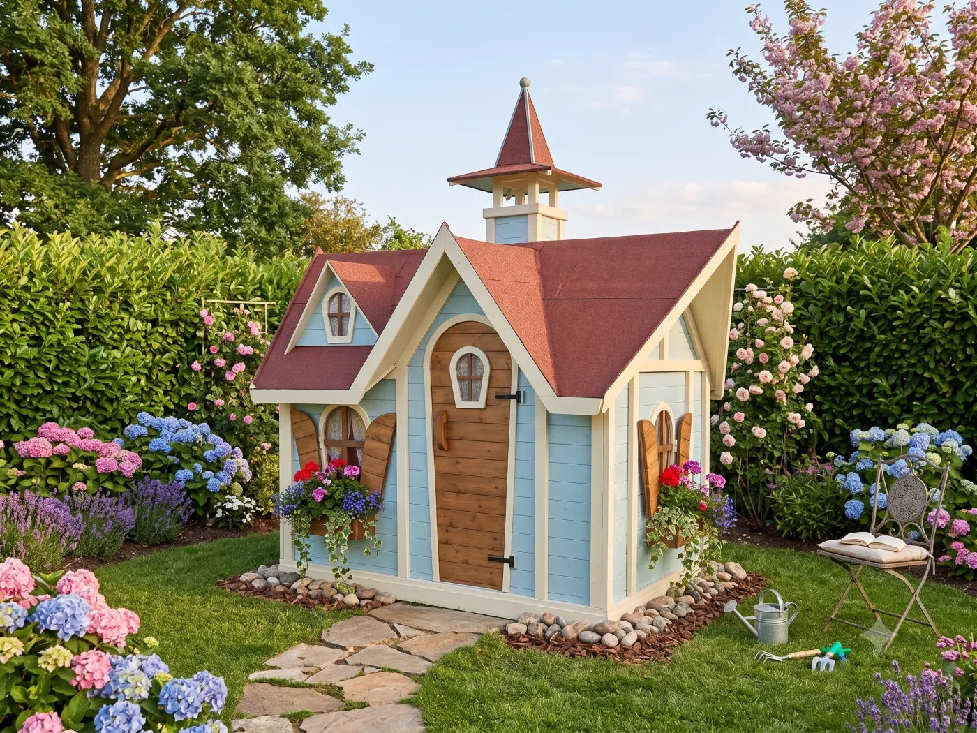 Casetta in legno azzurra con tetto bordeaux e un campanile a torretta sul colmo, tra ortensie rosa e azzurre, rose rampicanti e un albero in fiore.