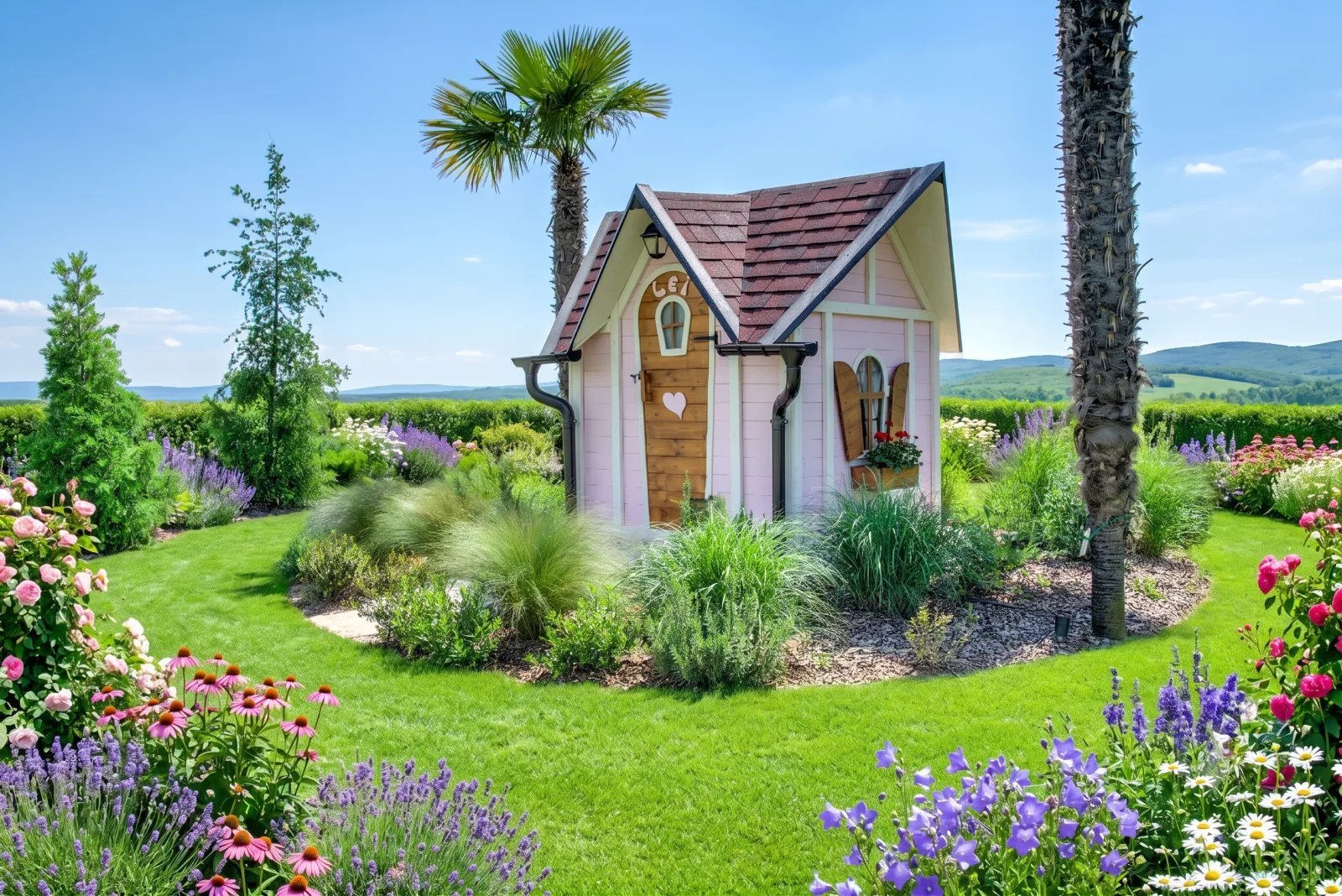 La casetta Pollicina color crema con tetto a doppio spiovente, circondata da un giardino fitto di rose, lavanda e lupini in fiore.