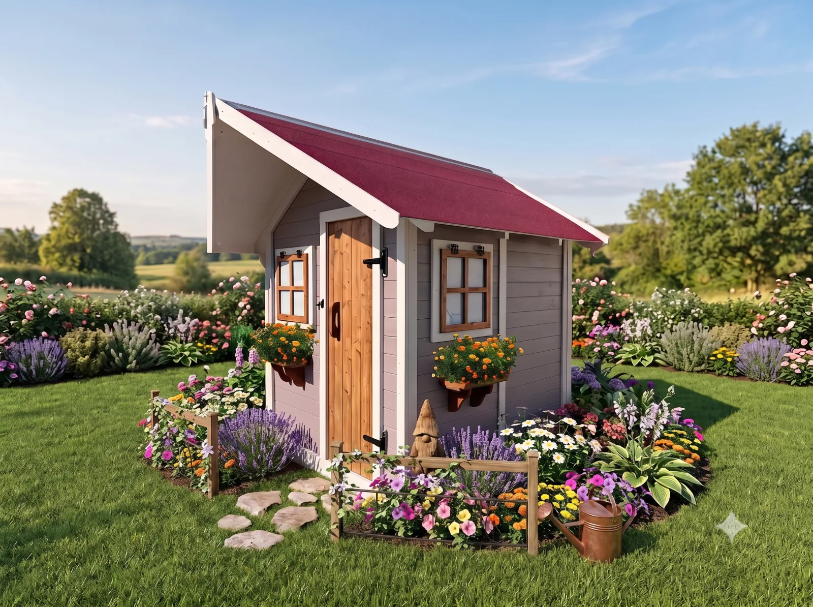 La casetta Primavera color tortora con tetto rosso bordeaux, porta e finestre in legno naturale, fioriere colorate e un gnomo di legno tra lavanda e fiori di campo.