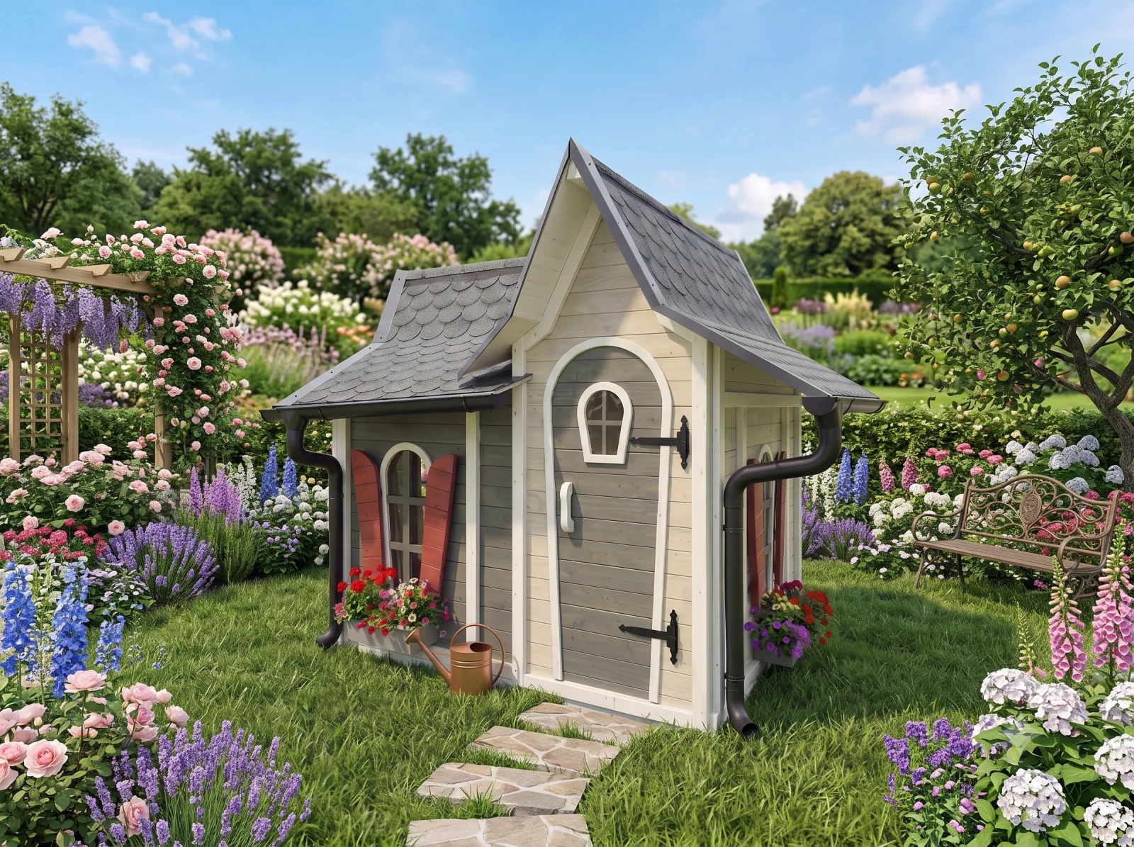 La casetta Principessa color crema con tetto grigio a scandole, scuri rossi, grondaie in metallo e porta ad arco, in un giardino di rose e glicine con pergolato.