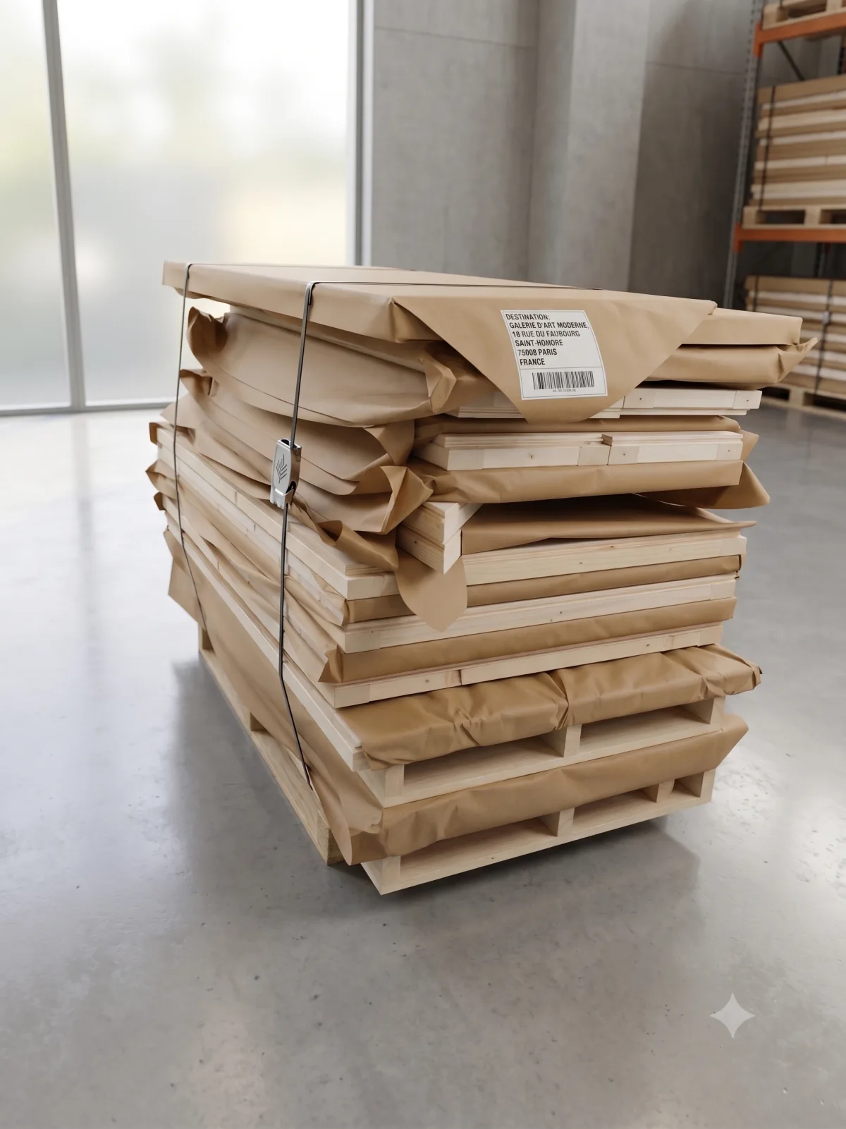 Pannelli e componenti in legno di una casetta imballati nella carta e fissati su un bancale con etichetta di spedizione, pronti per essere inviati ovunque.